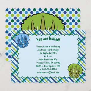 Invitation Tricératops Bleu et Vert Cute Dinosaur Anniversair