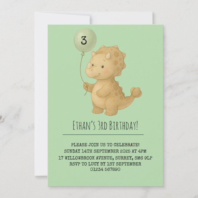 Invitation Tricératops Brown doux avec Ballotte Anniversaire (Devant)