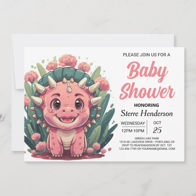 Invitation Tricératops Élégant Baby shower Dinosaur fille (Devant)
