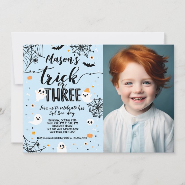 Invitation Trick or Three Blue Halloween Cute Ghost (Devant)