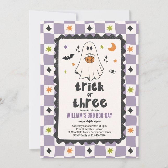 Invitation Trick Or Three Halloween Garçon Fantôme 3e Anniver (Devant)