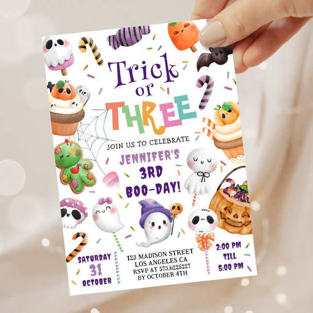 Invitation Trick or Three! Joli Anniversaire Violet Halloween (Créateur téléchargé)