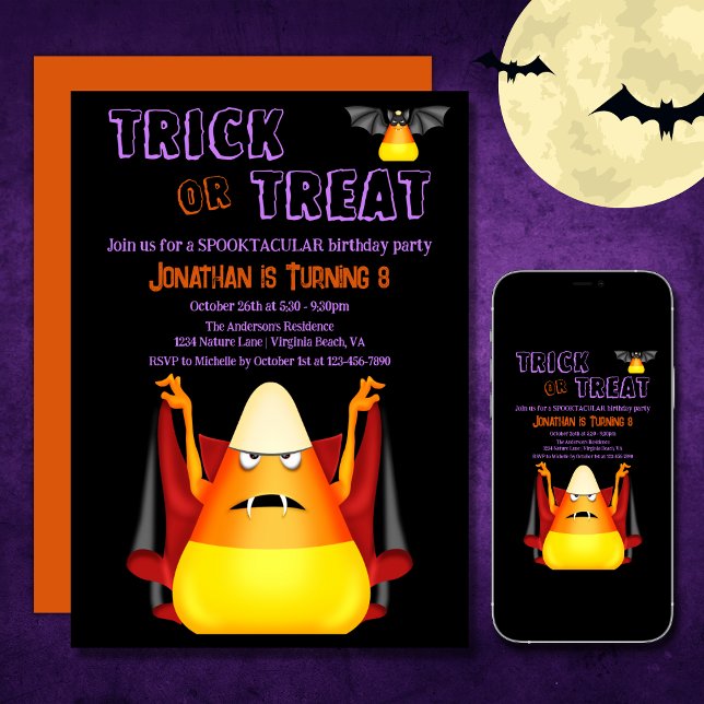 Invitation Trick or Treat Cute Candy Corns Halloween Annivers (Printed and Digital - Trick or Treat Cute Candy Corns Halloween Birthday Invitation)