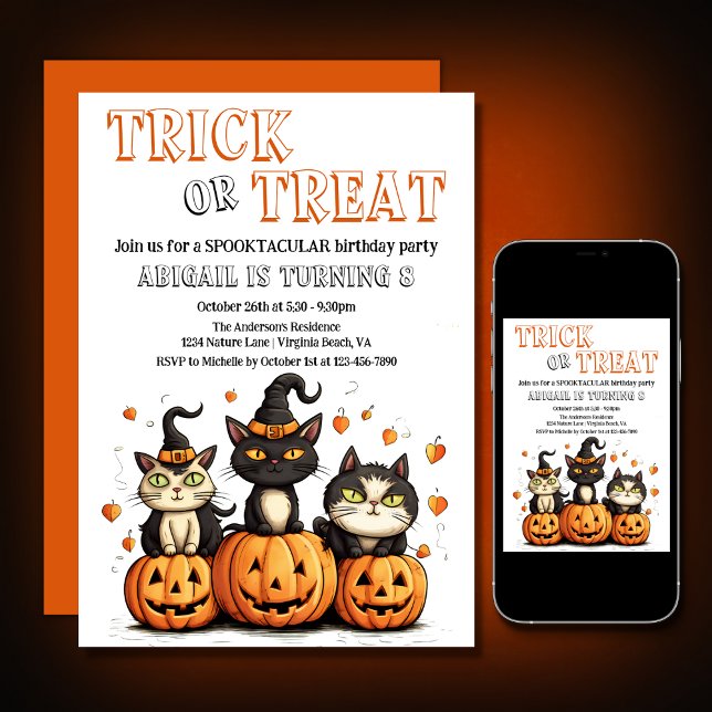 Invitation Trick or Treat mignonne Halloween Chats Anniversai (Printed and Digital - Trick or Treat Cute Halloween Cats Birthday Invitation)
