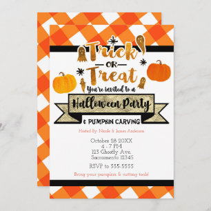Invitation Trick or Treat Rustic Orange Halloween Party