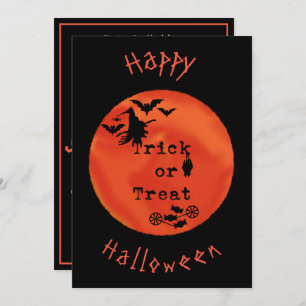 Invitation Trick ou Treat with Witch & Bats on Orange Moon
