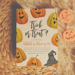 Invitation Tricoter ou traiter Halloween Citrouille fête d'an<br><div class="desc">Trick ou traitement ? Ce mignon invitation de fête a une bordure de citrouilles sculptés peints à la main et un casquette de sorcière dans le coin inférieur droit. Au milieu de la carte, en lettres brossées, on lit "tricoter ou traiter?" et "rejoignez-nous si vous osez". Nous avons utilisé le...</div>