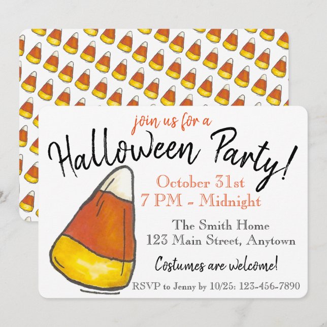 Invitation Tricoter ou traiter Halloween Party Candy Corn (Devant / Derrière)