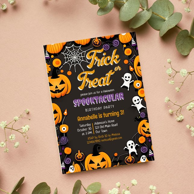 Invitation Tricoter ou traiter la fête d'Halloween rétro supe (Trick or treat Halloween spooktacular birthday party template invitation cute baby ghosts pumpkins)