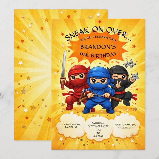 Invitation Trio Ninja Coloré Mignon Anniversaire Enfants (Devant / Derrière)