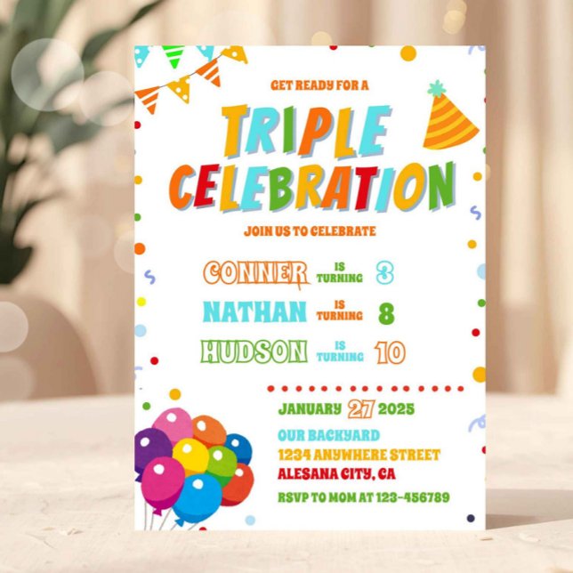 Invitation triple anniversaire frère et soeur fête (Triple Birthday Invitation Sibling Joint Party)