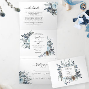 Invitation triple avec Mariage floral bleu RSVP