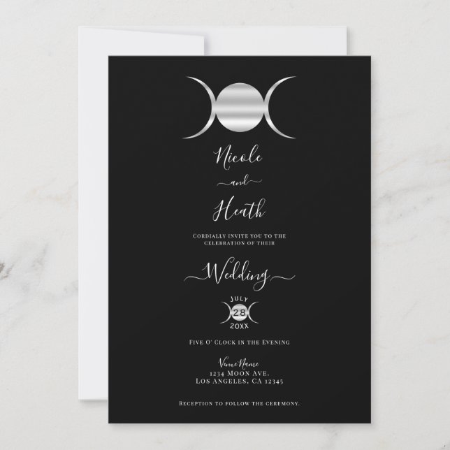 Invitation Triple Déesse Cycle Lunaire Mariage Argent & Noir (Devant)