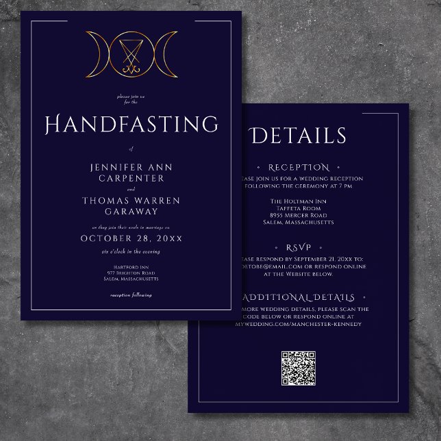 Invitation Triple Déesse Wiccan Lune Bleu Poignée Deux Côtés (Triple Goddess Wiccan Moon Blue Handfast Two Sided Invitation)