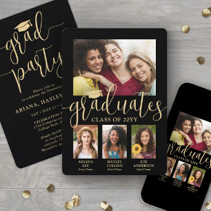 Invitation Triple Graduation Photos Black & Gold Joint Party
