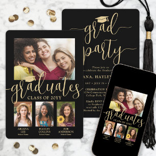 Invitation Triple Graduation Photos Black & Gold Joint Party