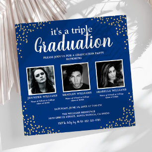 Invitation Triple Graduation Trois Photo Blue Party