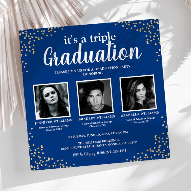 Invitation Triple Graduation Trois Photo Blue Party (Créateur téléchargé)
