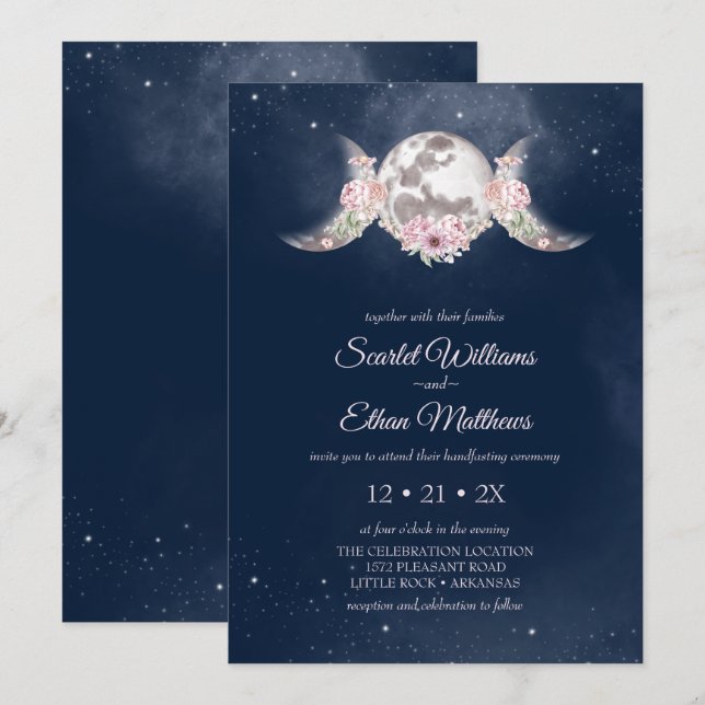 Invitation Triple Lune Midnight Blue Starry Sky Handfasting (Devant / Derrière)