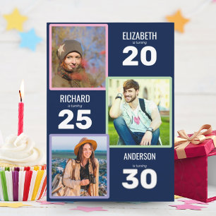 Invitation Triple Photo Blue et Silver Joint Anniversaire