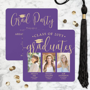 Invitation Triple Photos de Graduation Purple & Gold Joint Pa