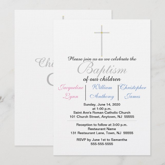 Invitation Triplés Bleu Rose de Baptême (Devant / Derrière)