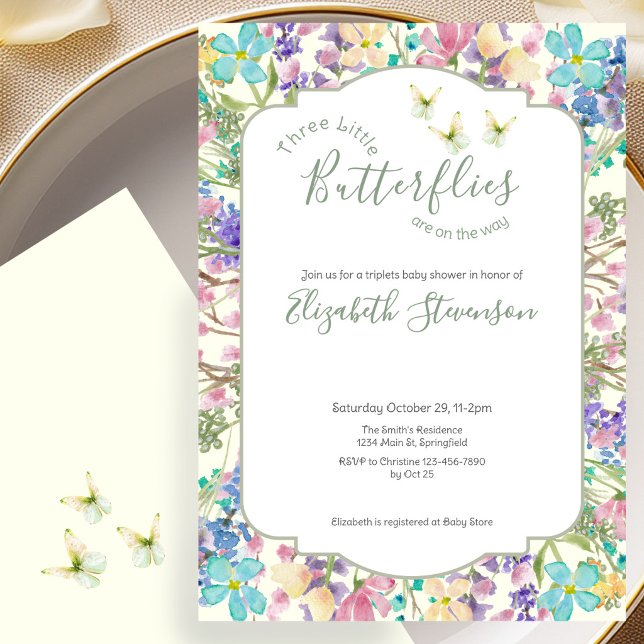 Invitation Triplés Petits Papillons Floral Baby Shower  (Créateur téléchargé)
