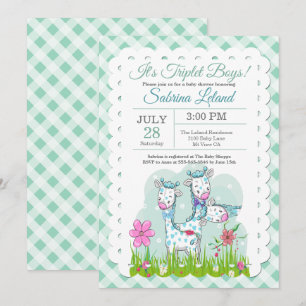 Invitation Triplet Boys Adorable Giraffes Baby shower