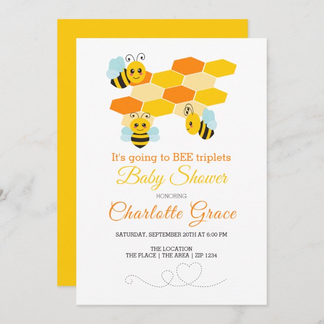 Invitation Triplet d'abeille mignonne Bumble Baby shower pers (Devant / Derrière)
