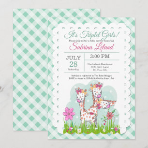 Invitation Triplet Girls Adorable Giraffes Baby shower
