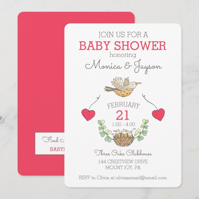 Invitation Triplet Mama Bird Baby shower volant (Devant / Derrière)