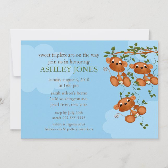 Invitation Triplets doux Baby shower de singe (Devant)