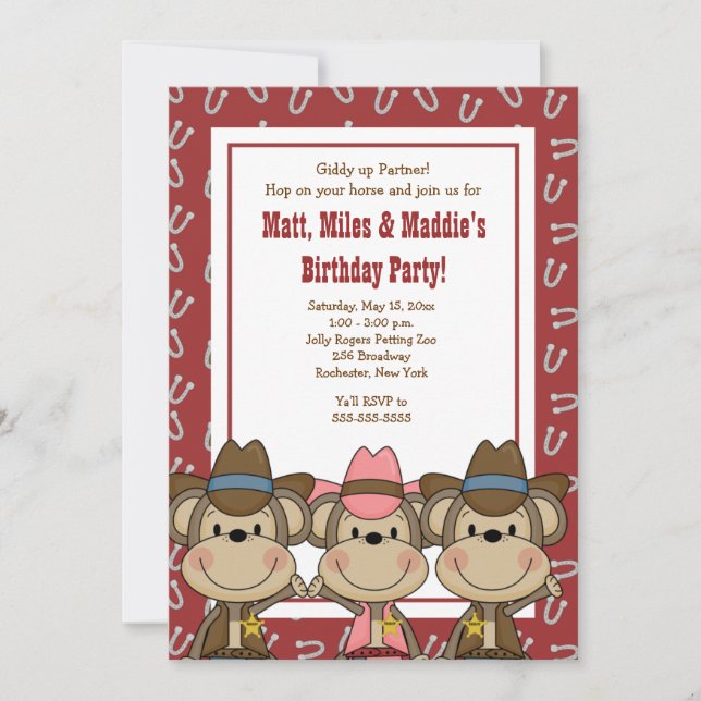 Invitation TRIPLETS Western Cowboy Monkeys 5x7 Anniversaire (Devant)