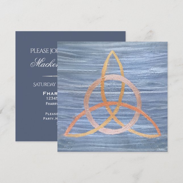 Invitation Triquetra Abstrait | Blue Gold Celtic Trinity Knot (Devant / Derrière)