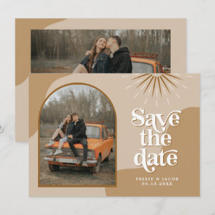 Invitation TRIXIE Beige Retro Arché Photo Enregistrer la date