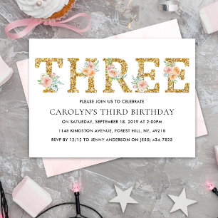 Invitation Trois 3ème Anniversaire Élégant Floral Doré Paille