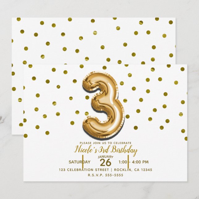 Invitation Trois ballons confettis dorés 3 Troisième annivers (Devant / Derrière)
