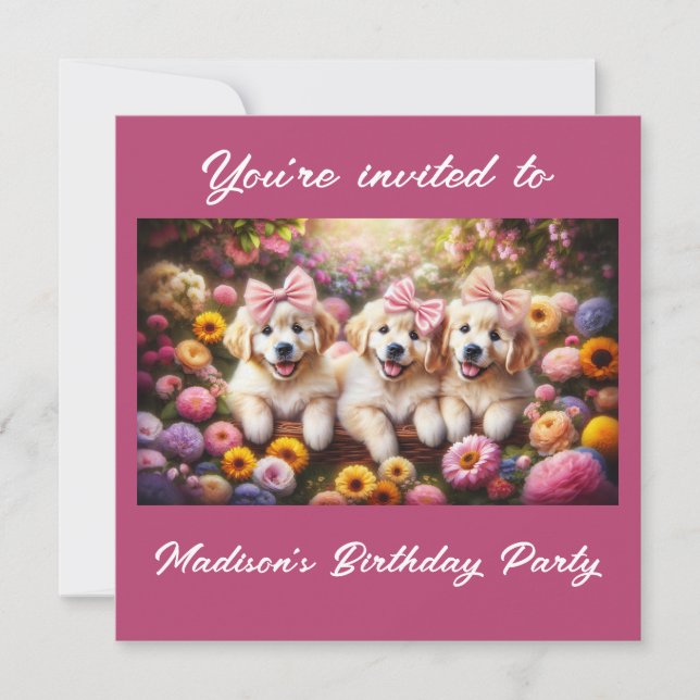 Invitation Trois chiots Golden Retriever avec des fleurs (Devant)