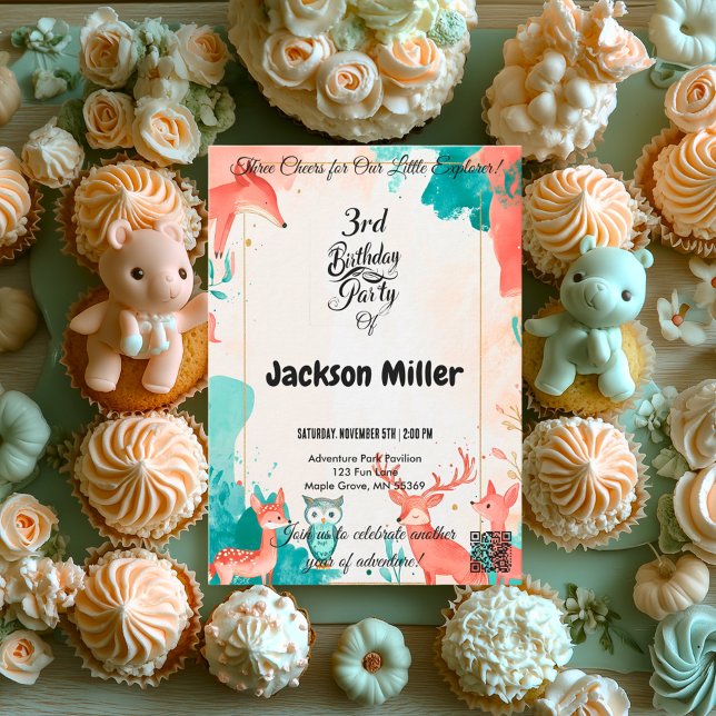 Invitation Trois coeurs 3e anniversaire Renard, hibou et cerf (Créateur téléchargé)