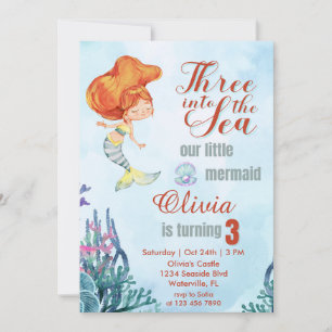 Invitation Trois dans la mer Orange Sirène 3e anniversaire
