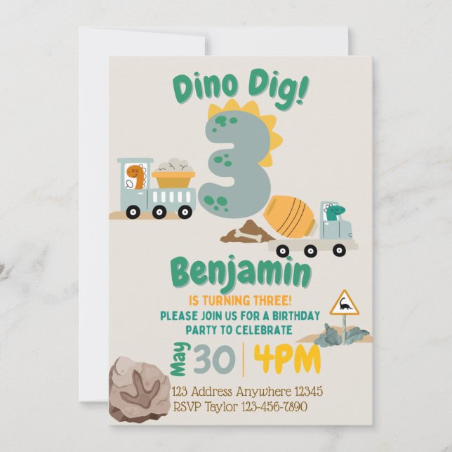 Invitation Trois Dino Dig Construction De Dinosaures 3e Anniv (Devant)