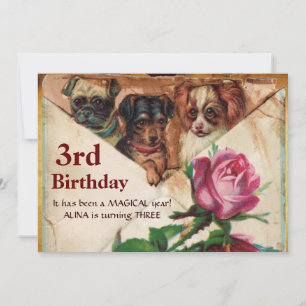 Invitation TROIS DOGGIES AVEC ROSES, 3e Parchemin d'anniversa