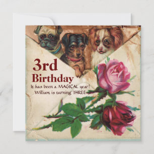 Invitation TROIS DOGGIES AVEC ROSES, Parchemin d'anniversaire