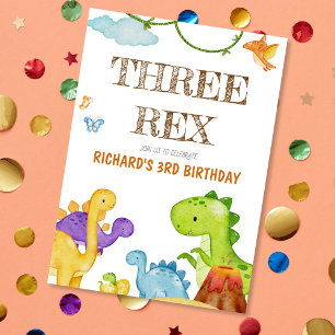Invitation Trois enfants Rex Dinosaur 3e fête d'anniversaire