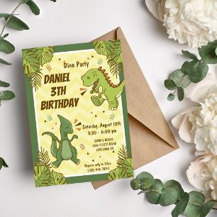 Invitation Trois enfants Rex Dinosaur 3e fête d'anniversaire