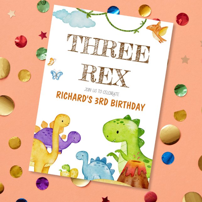 Invitation Trois enfants Rex Dinosaur 3e fête d'anniversaire (Créateur téléchargé)