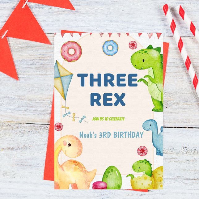 Invitation Trois enfants Rex Dinosaur 3e fête d'anniversaire (Créateur téléchargé)