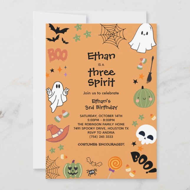 Invitation Trois Esprit mignon Fantôme Halloween 3ème anniver (Devant)