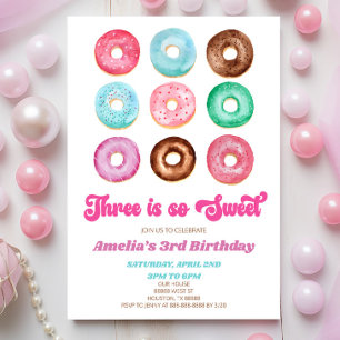 Invitation Trois est si doux Donut 3e fête d'anniversaire