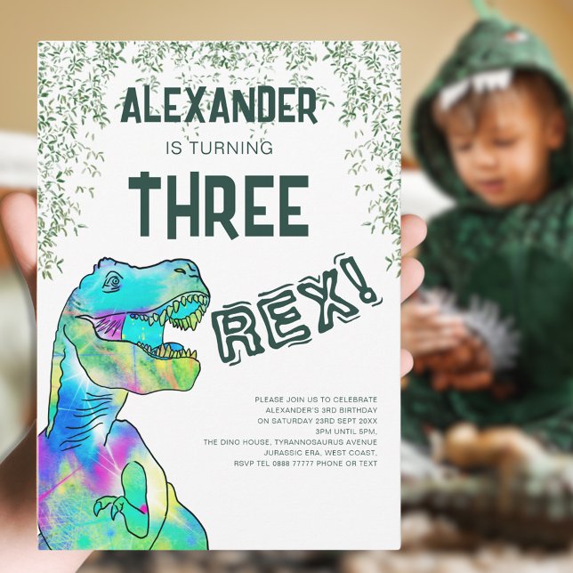 Invitation Trois fêtes d'anniversaire de dinosaure Rex (Three rex dinosaur 3rd birthday party with modern colorful T-Rex and Jurassic jungle foliage)